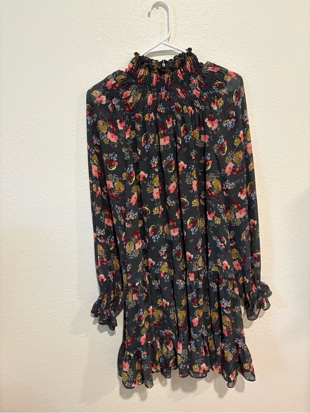 Cinq a Sept Grey Floral Smocked Neck Long Sleeve Dress